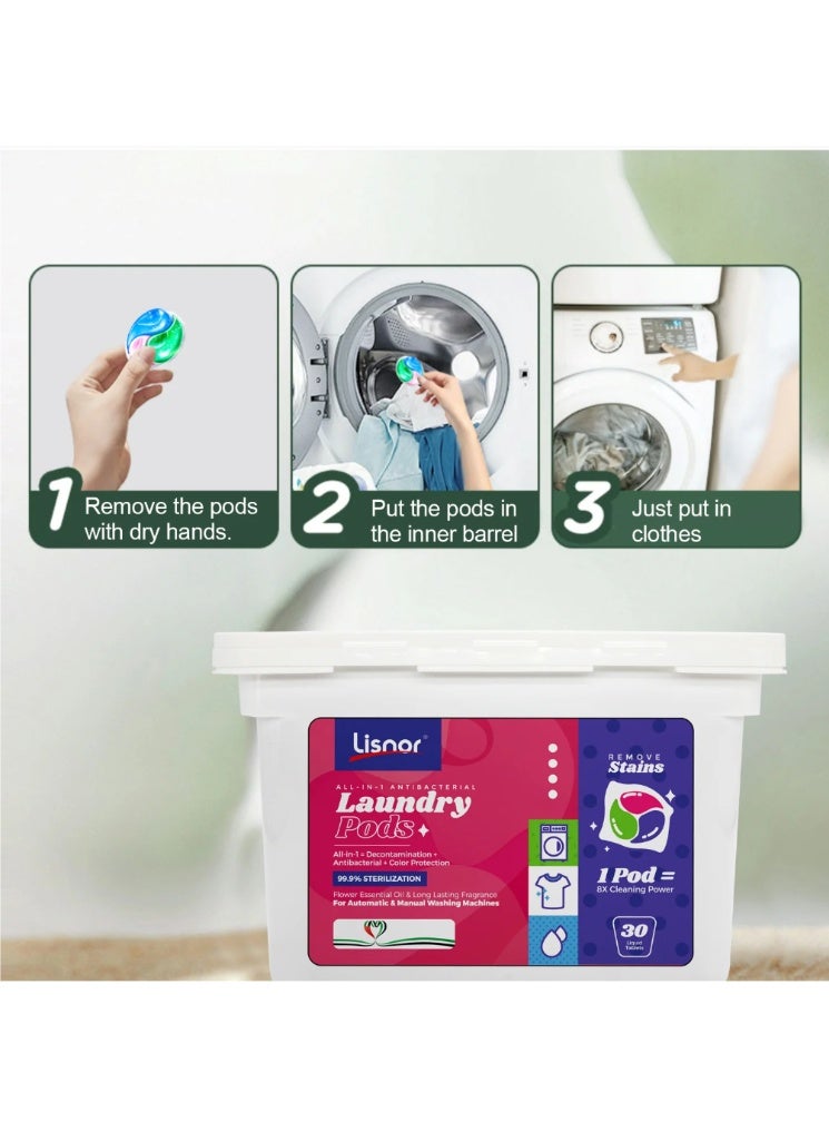 Lisnor All-in-1 Laundry Detergent Pods: 99.9% Sterilization, Deep Decontamination & Flower Essential Oil Fragrance  ,8X Cleaning Power & Color Protection– 30 Liquid Tablets,For Automatic & Manual Machines  ( pack of 2 ) - Image 2